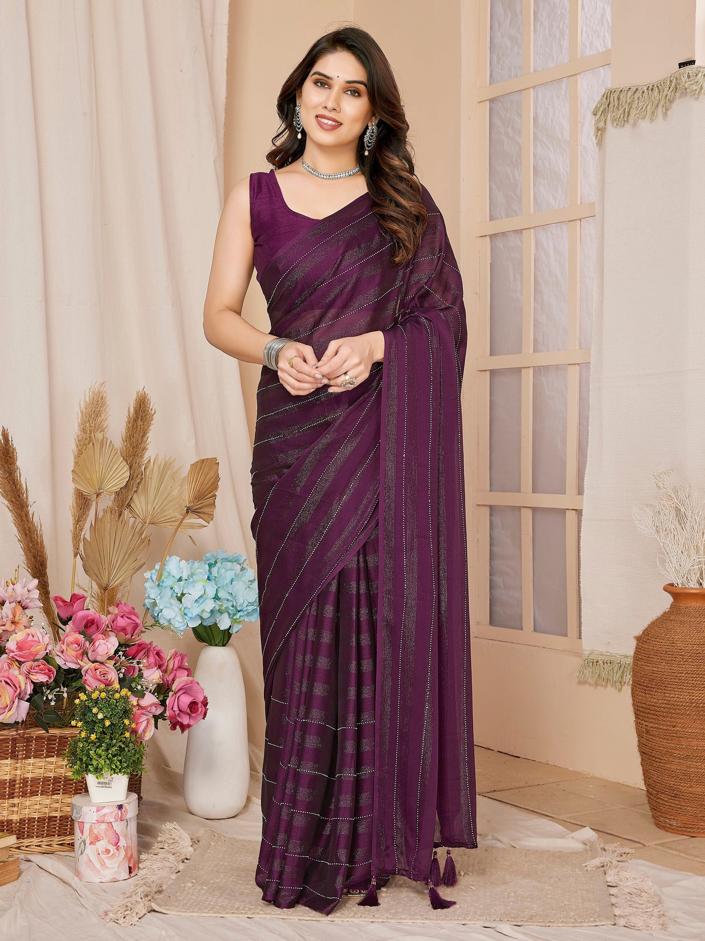 1-Minute Ready To Wear Georgette Designer Party wear Saree (Purple)