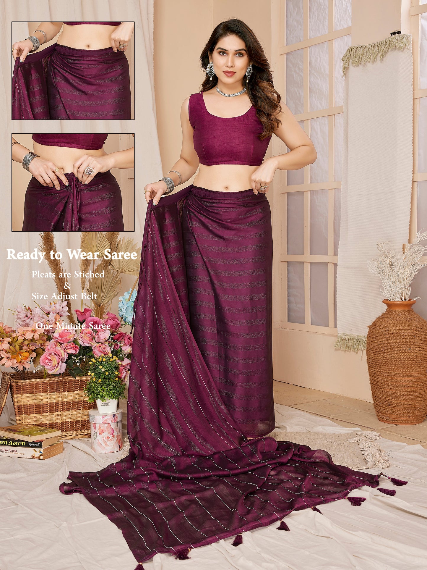 1-Minute Ready To Wear Georgette Designer Party wear Saree (Purple)