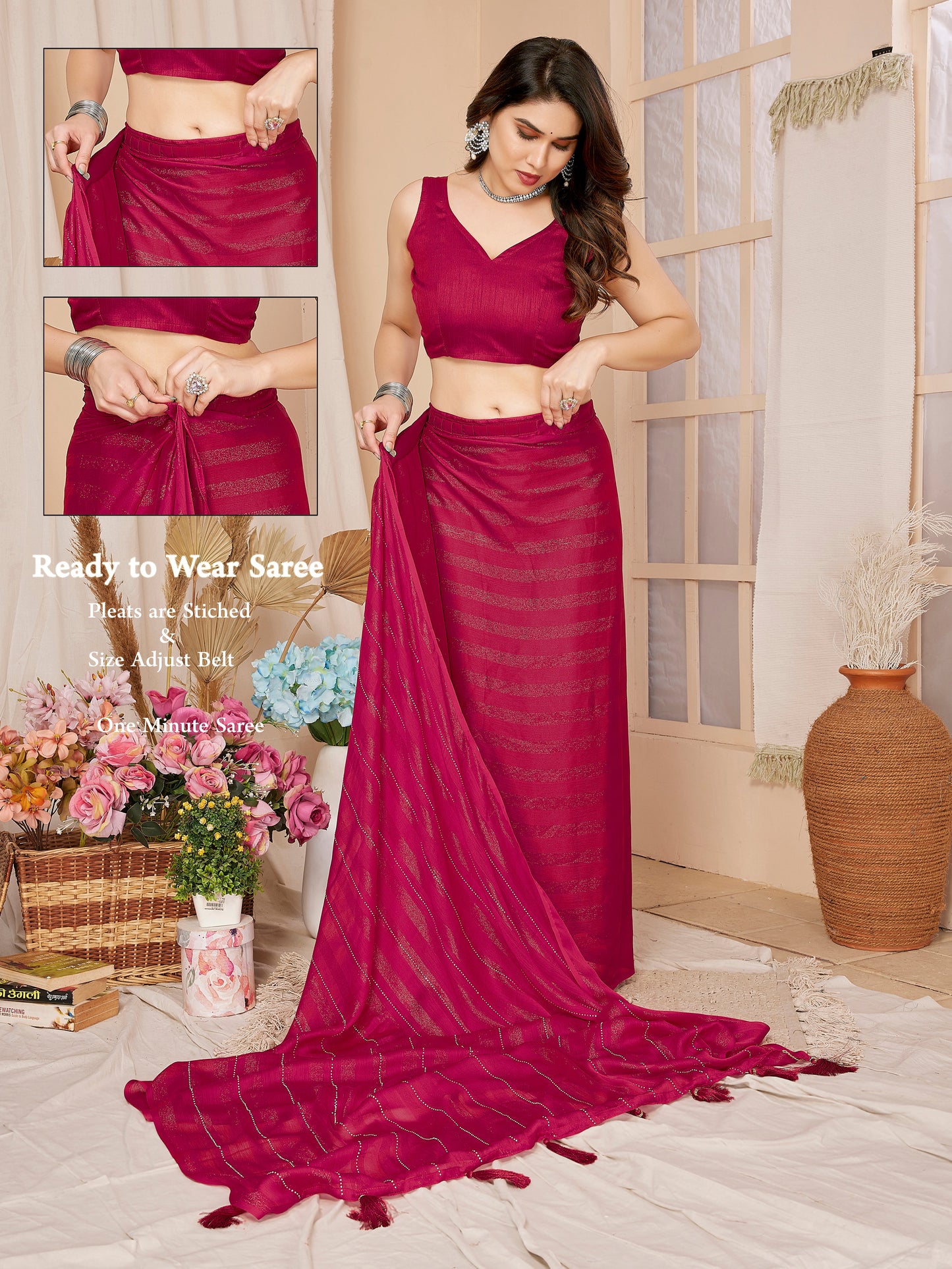 1-Minute Ready To Wear Georgette Designer Party wear Saree (Pink)