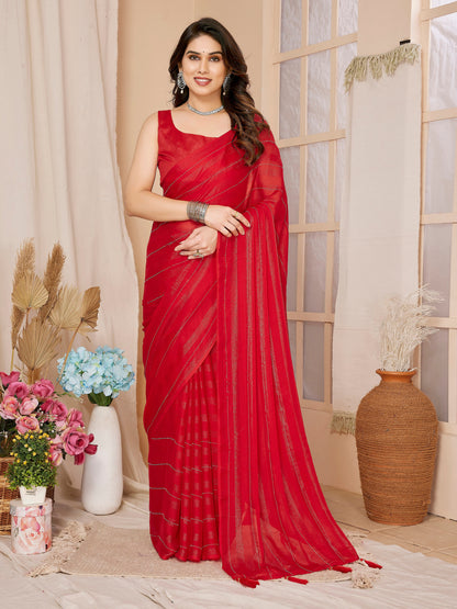 1-Minute Ready To Wear Georgette Designer Party wear Saree (Red)