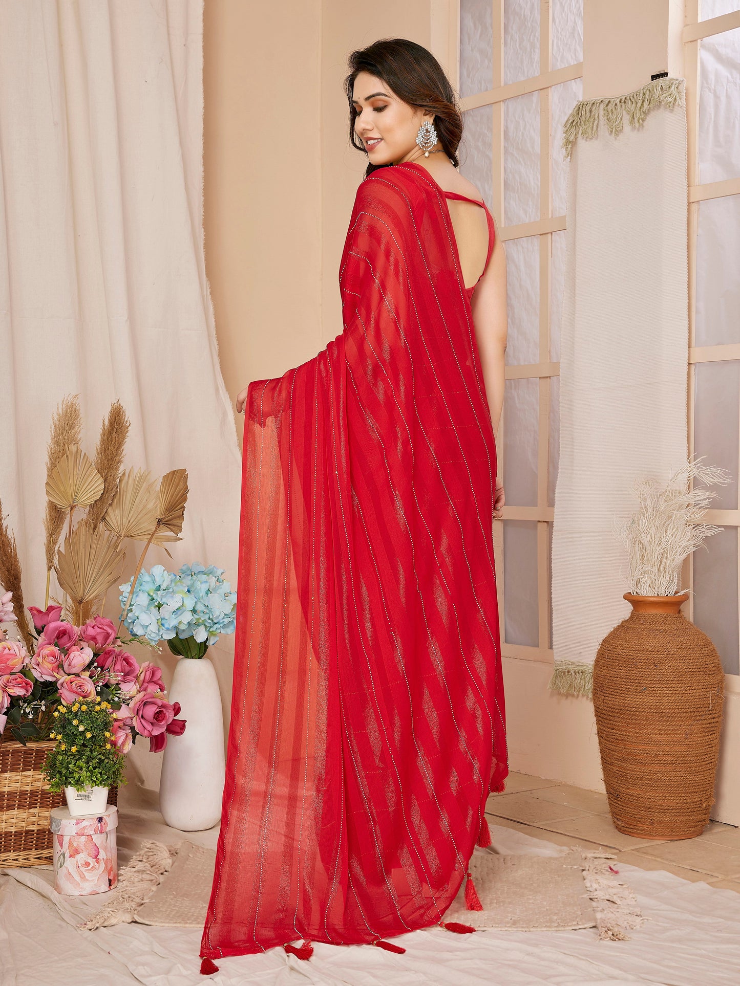 1-Minute Ready To Wear Georgette Designer Party wear Saree (Red)