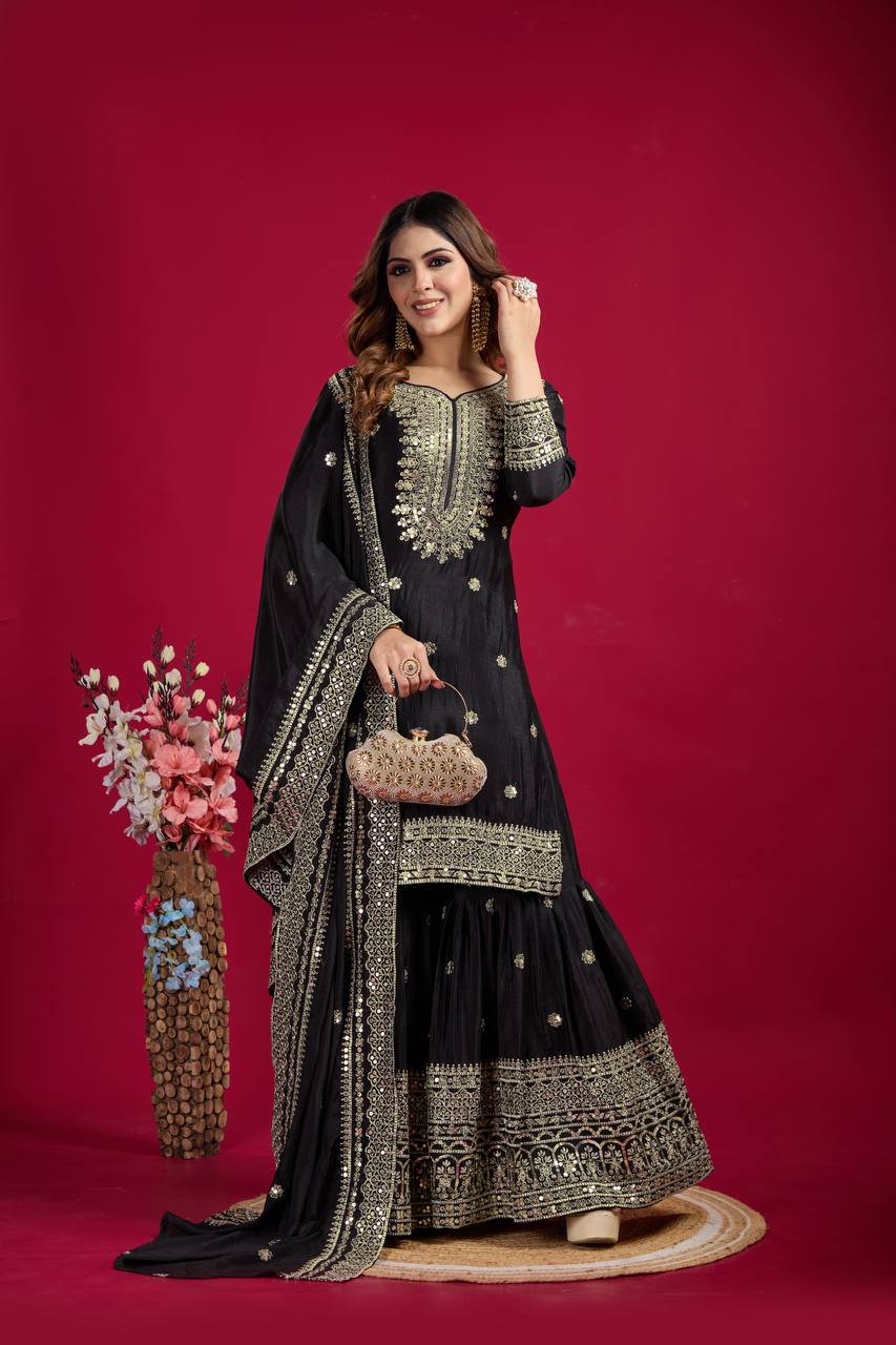 Amazing Black Color Heavy Chinnon Silk Party Wear Sharara Suit