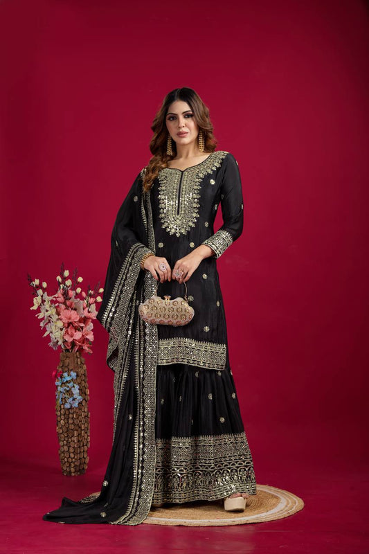 Amazing Black Color Heavy Chinnon Silk Party Wear Sharara Suit