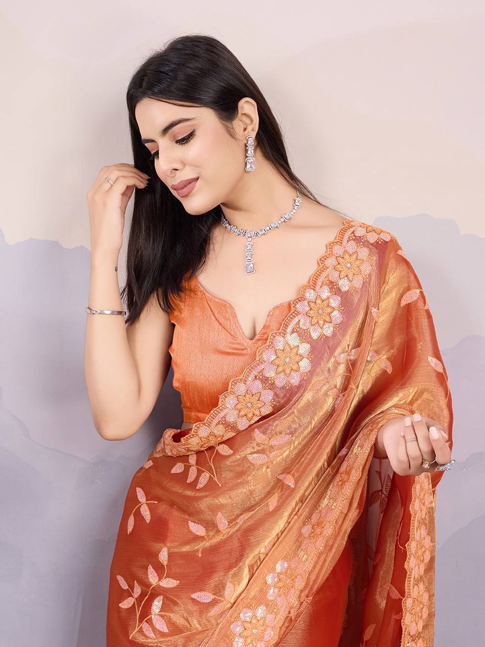 Orange Burberry Silk C-Pallu Embroidery With Sequins Saree