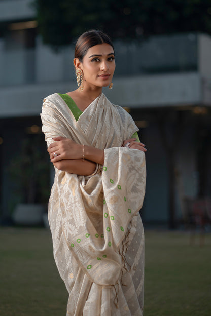 Green Mul Cotton Chanderi Jamdani Saree With Contrast Blouse