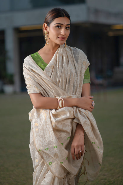 Green Mul Cotton Chanderi Jamdani Saree With Contrast Blouse