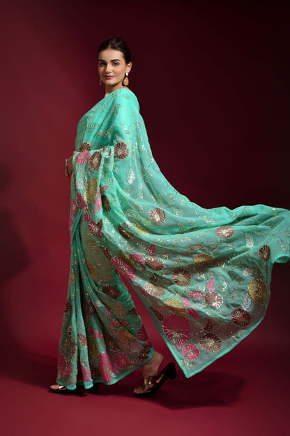 Aqua Green Floral Thread Work & Sequins Georgette Saree