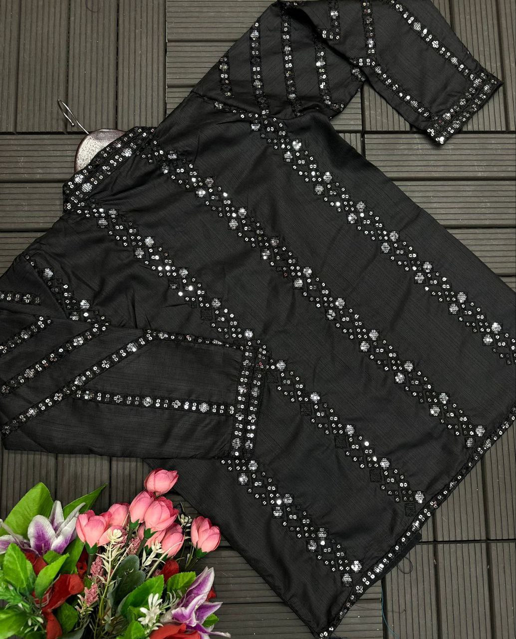 Elegant Black Satin Saree with Embroidered Jacket & Belt