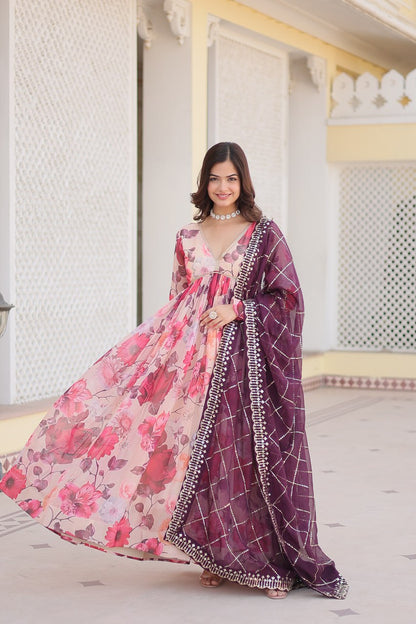 Baby Pink Digital printed Russian silk Gown