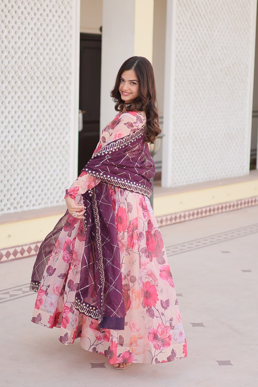 Baby Pink Digital printed Russian silk Gown