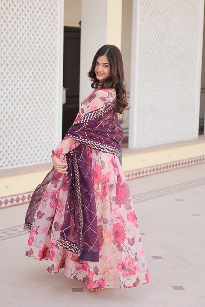 Baby Pink Digital printed Russian silk Gown