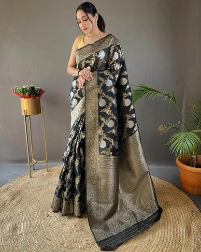 Black Floral Pattern Banarasi Silk Saree