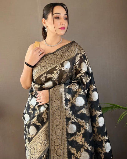 Black Floral Pattern Banarasi Silk Saree