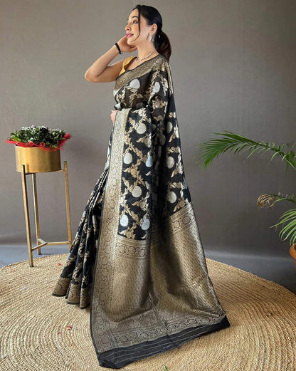 Black Floral Pattern Banarasi Silk Saree