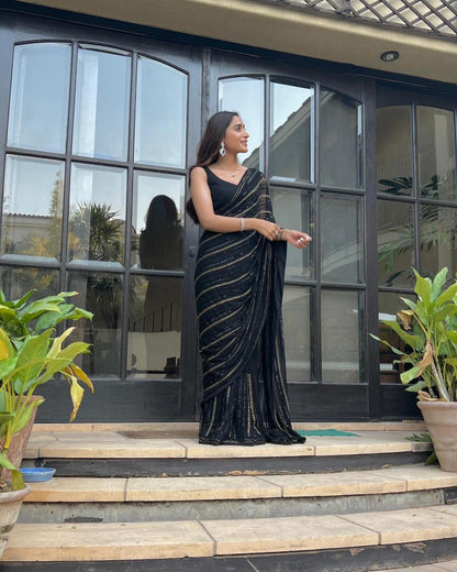 Amazing Black Color Sequence Work Party Wear Saree