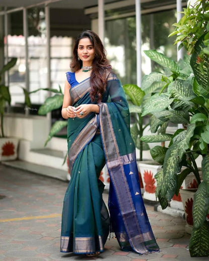 Teal Soft Lichi Silk Function Wear Saree