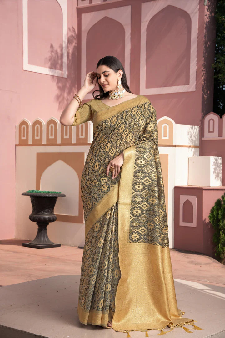 Vastraan Brown Ikat Silk Saree