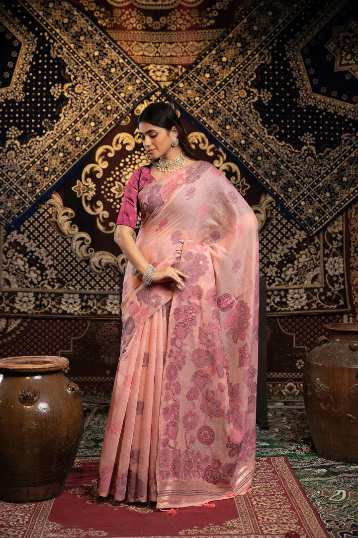 Vastraan Pink Soft Cotton Jamdani Saree