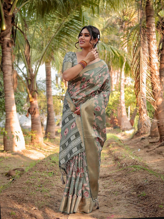 Green Grey Pure Silk Digital Printed Saree