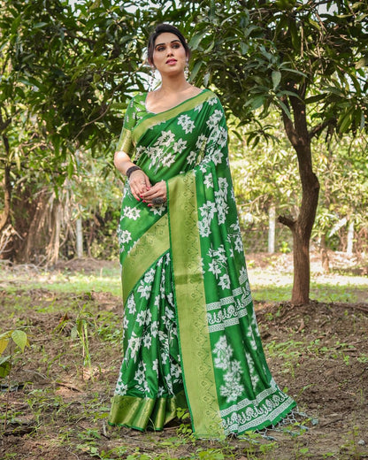 Green Pure Silk Digital Printed Wedding Wear Saree