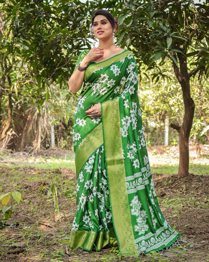 Green Pure Silk Digital Printed Wedding Wear Saree