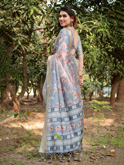 Grey Pure Silk Digital Printed Saree