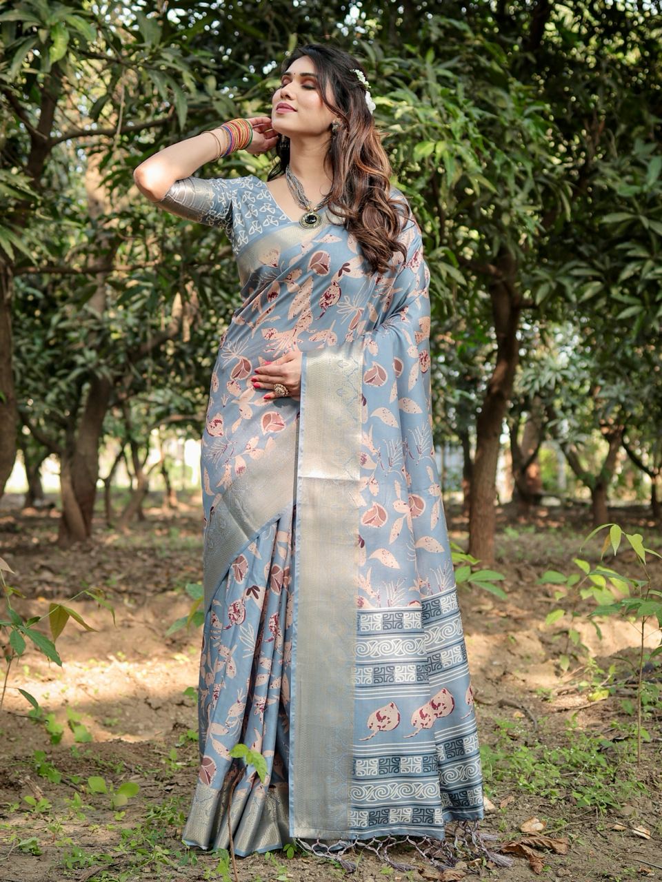 Grey Pure Silk Digital Printed Saree