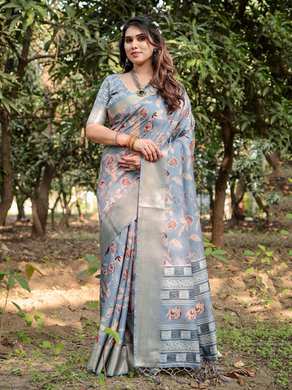 Grey Pure Silk Digital Printed Saree