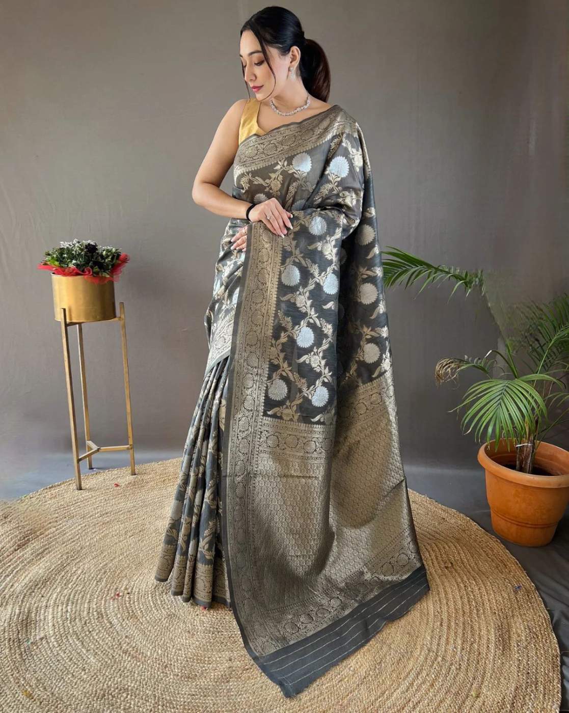 Grey Banarasi Saree With Jacquard Blouse