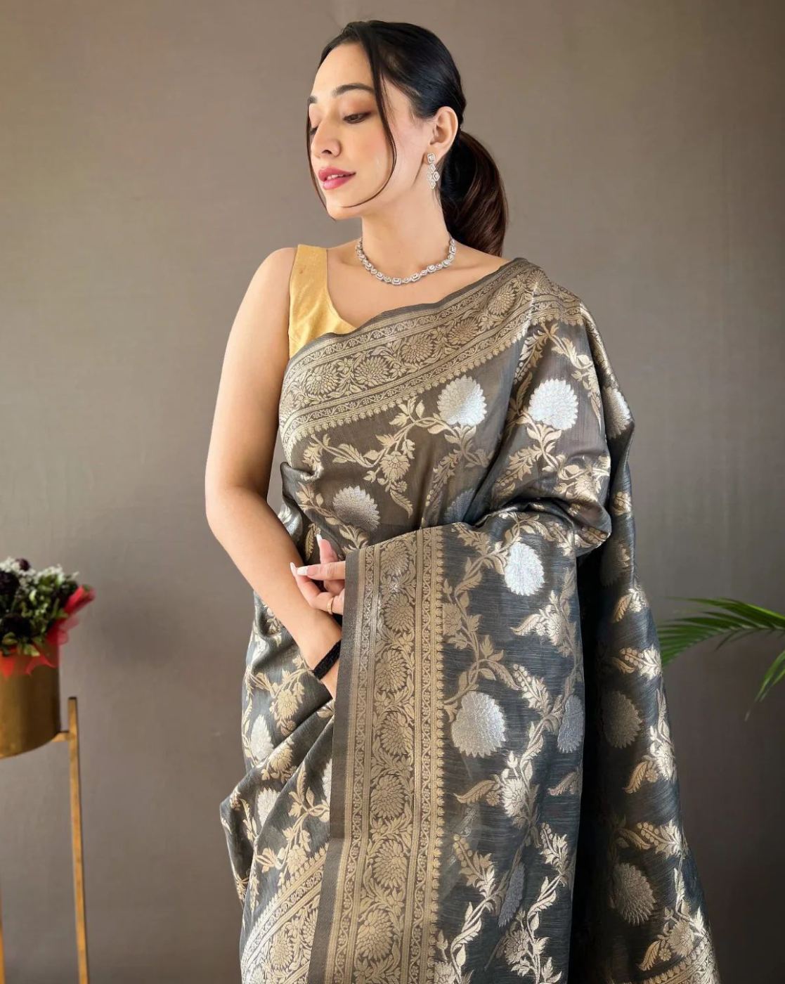 Grey Banarasi Saree With Jacquard Blouse