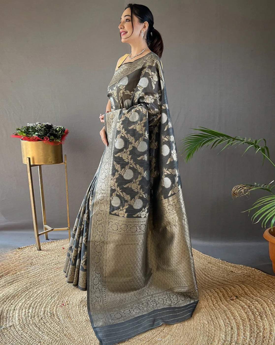 Grey Banarasi Saree With Jacquard Blouse