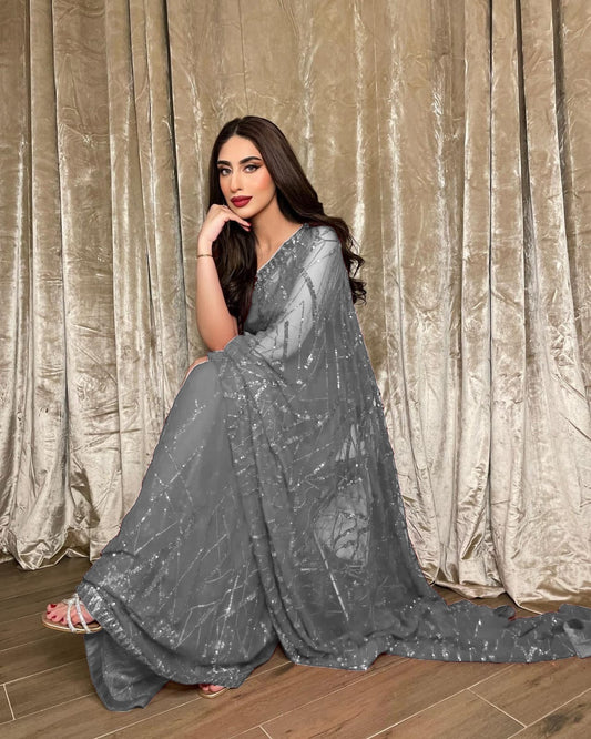 Grey Color Georgette Party Wear Saree