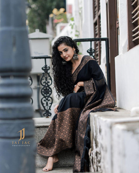 Black Pure Banarasi Silk Weaved With Copper Zari Comes With Heavy Banarasi Brocade Blouse