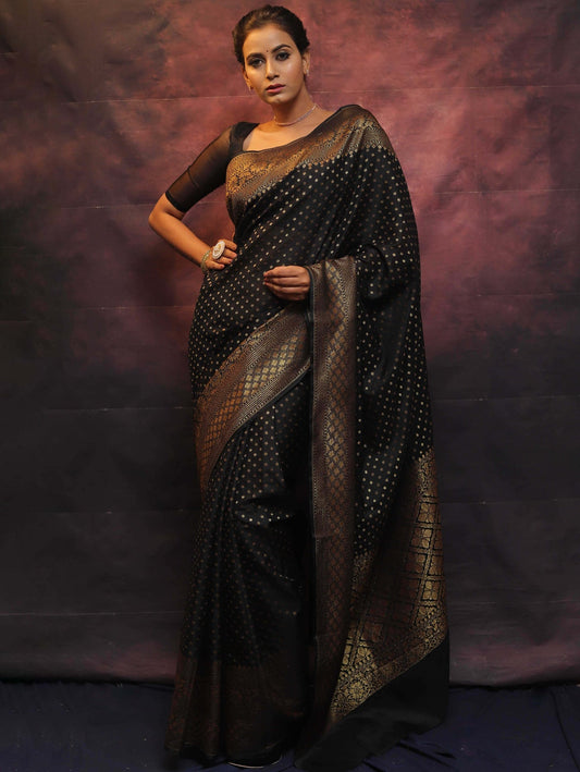 Black Pure Banarasi Silk Weaved With Copper Zari Comes With Heavy Banarasi Brocade Blouse