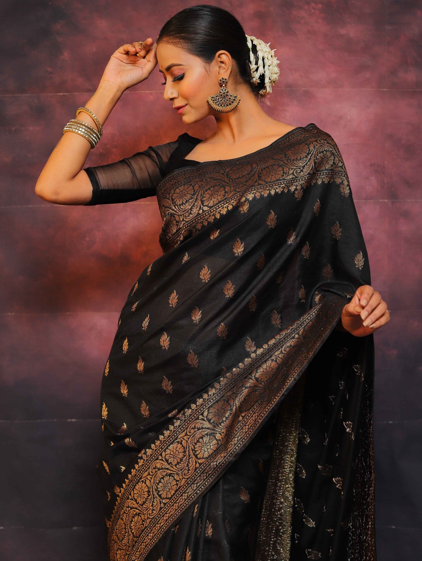 Black Pure Banarasi Silk Weaved With Copper Zari Comes With Heavy Banarasi Brocade Blouse