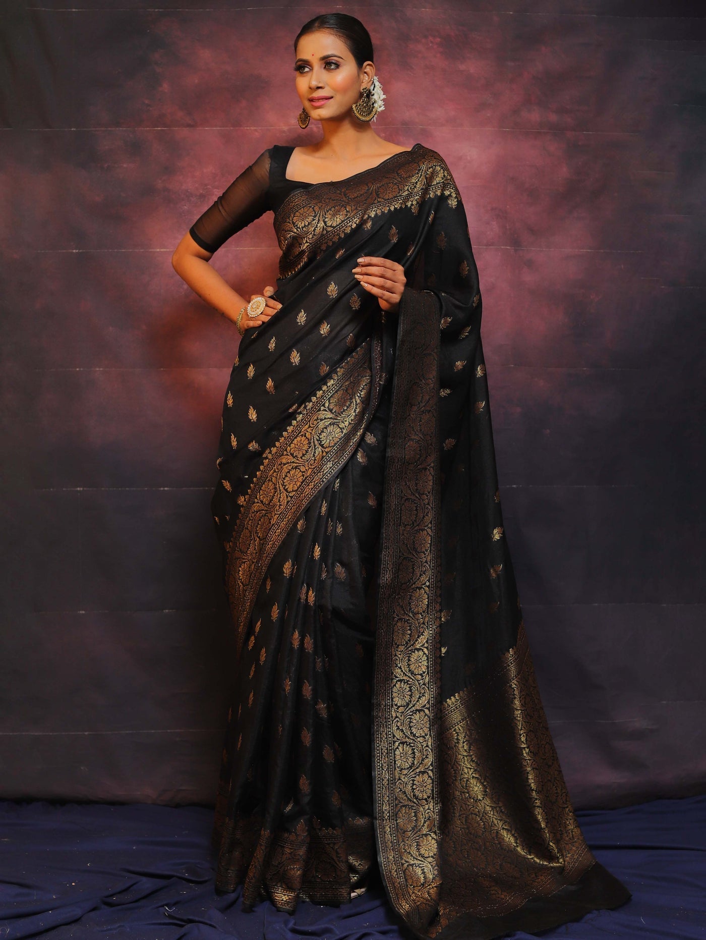 Black Pure Banarasi Silk Weaved With Copper Zari Comes With Heavy Banarasi Brocade Blouse