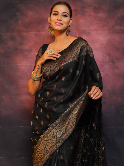 Black Pure Banarasi Silk Weaved With Copper Zari Comes With Heavy Banarasi Brocade Blouse