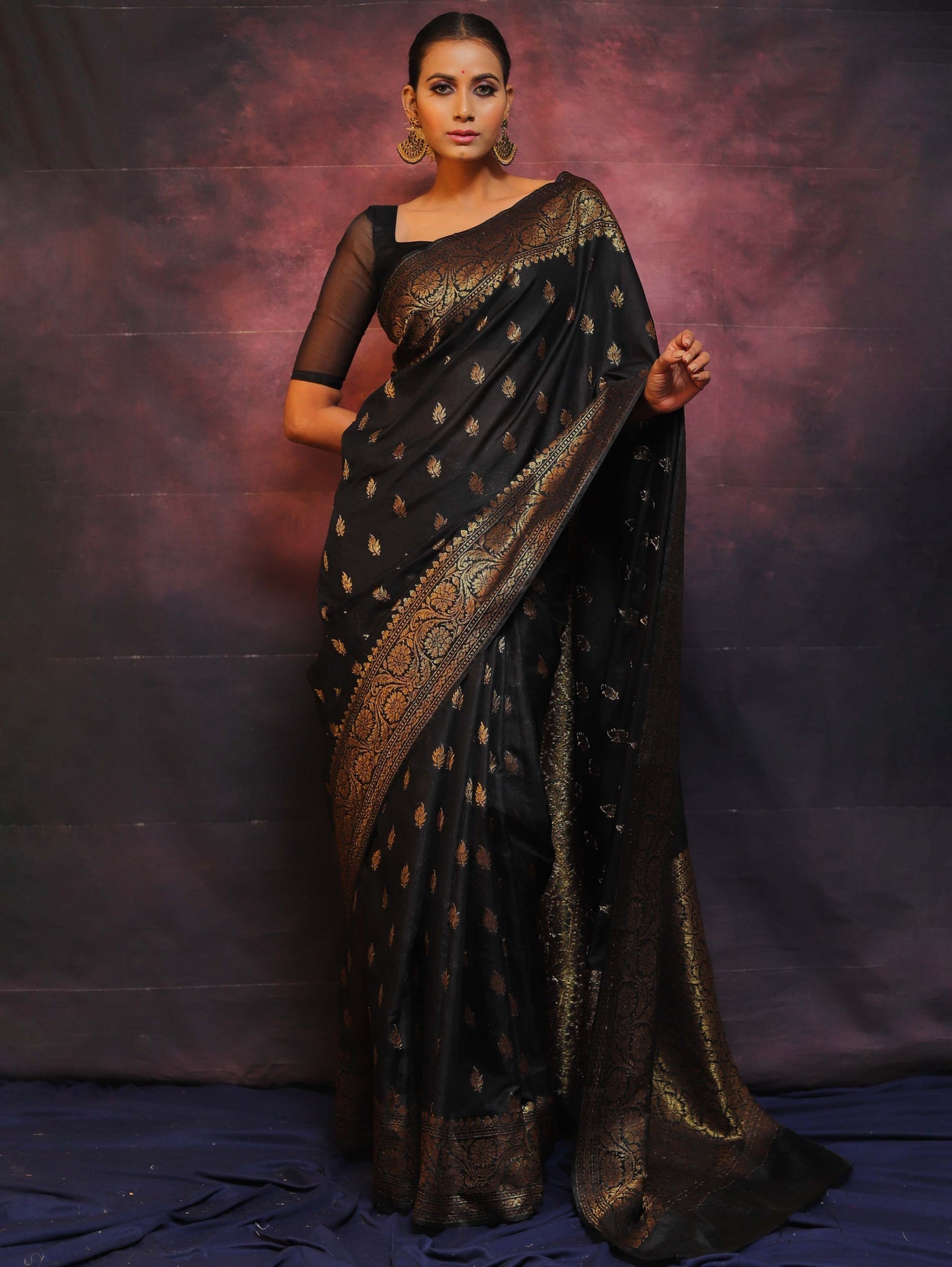 Black Pure Banarasi Silk Weaved With Copper Zari Comes With Heavy Banarasi Brocade Blouse