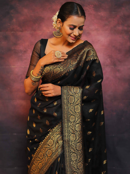 Black Pure Banarasi Silk Weaved With Copper Zari Comes With Heavy Banarasi Brocade Blouse