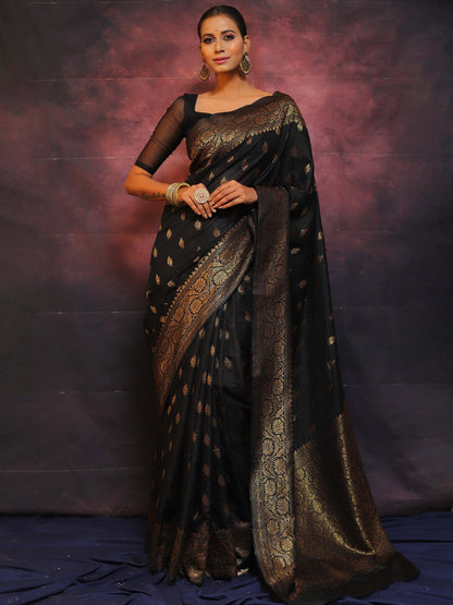 Black Pure Banarasi Silk Weaved With Copper Zari Comes With Heavy Banarasi Brocade Blouse