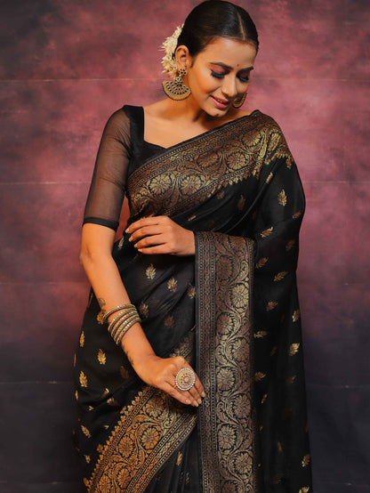 Black Pure Banarasi Silk Weaved With Copper Zari Comes With Heavy Banarasi Brocade Blouse