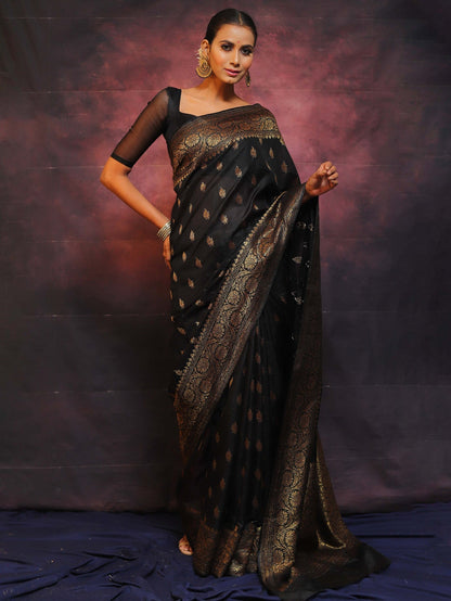 Black Pure Banarasi Silk Weaved With Copper Zari Comes With Heavy Banarasi Brocade Blouse