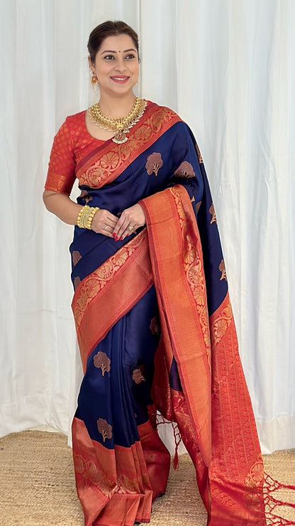 Navy Blue Pure Banarasi Silk Saree Stylish Blouse Piece