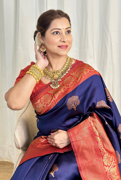 Navy Blue Pure Banarasi Silk Saree Stylish Blouse Piece