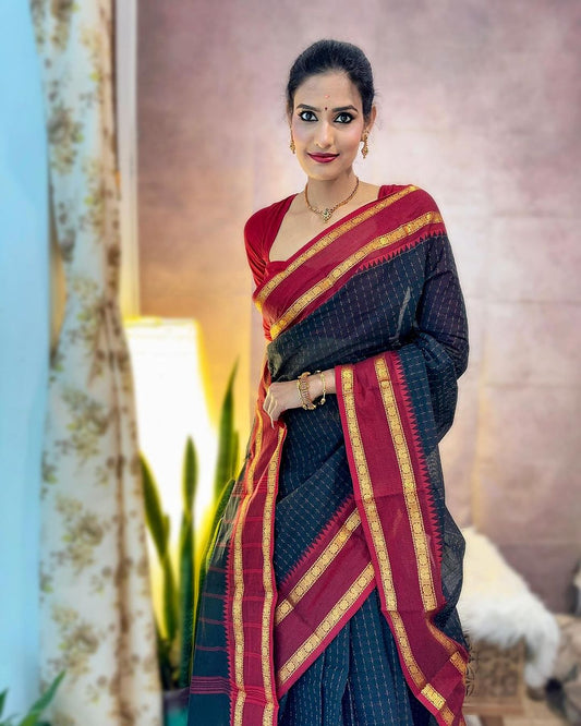 Black Pure Banarasi Silk Weaved With Copper Zari Comes With Heavy Banarasi Brocade Blouse