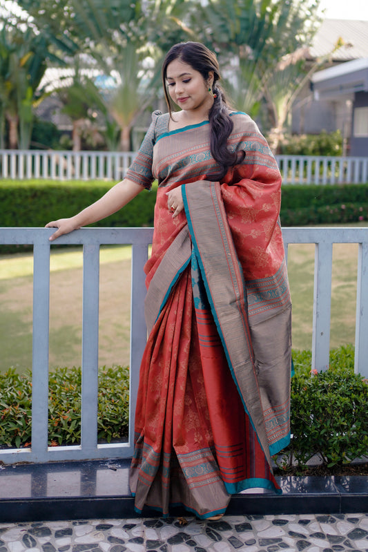 Maroon Soft Silk Saree Weaved With Copper Zari With Imbrication Blouse Piece