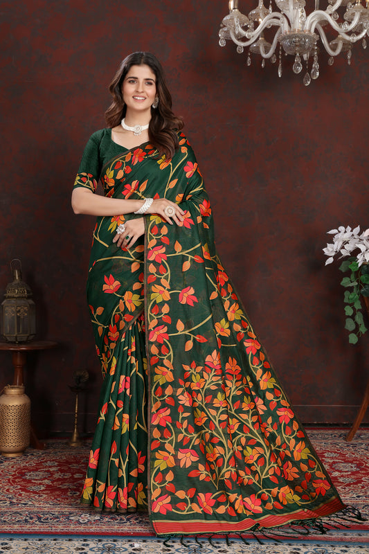 Amazing Green Color Cotton Jamdani Saree