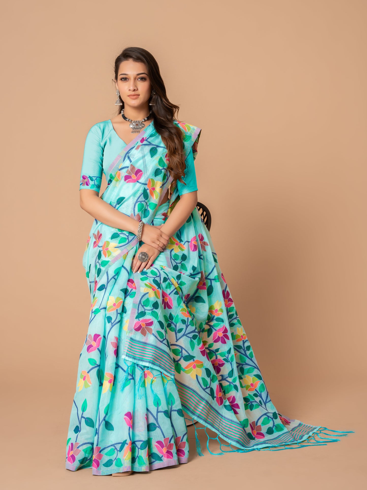 Amazing Sky blue Color Cotton Jamdani Saree