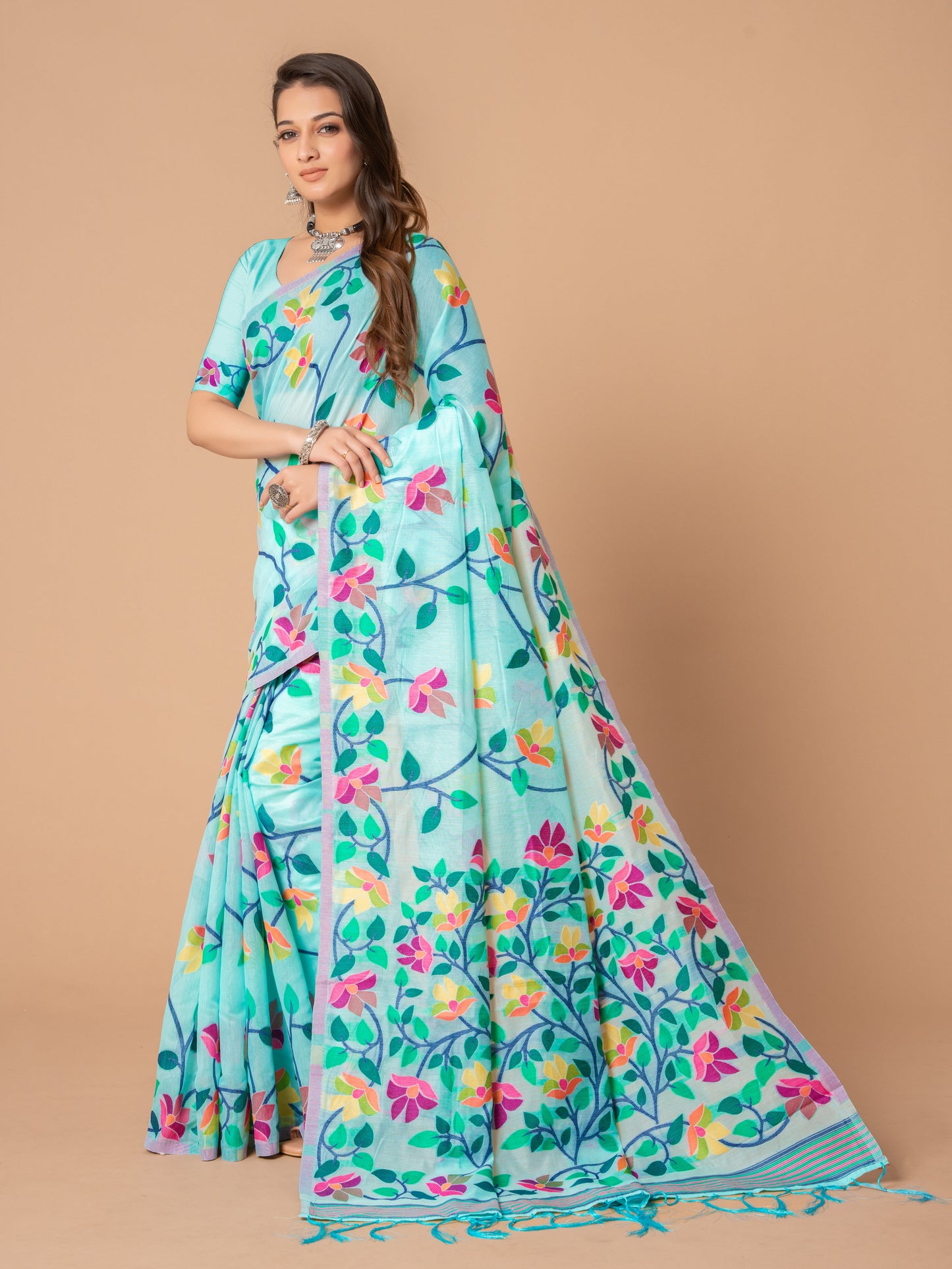 Amazing Sky blue Color Cotton Jamdani Saree