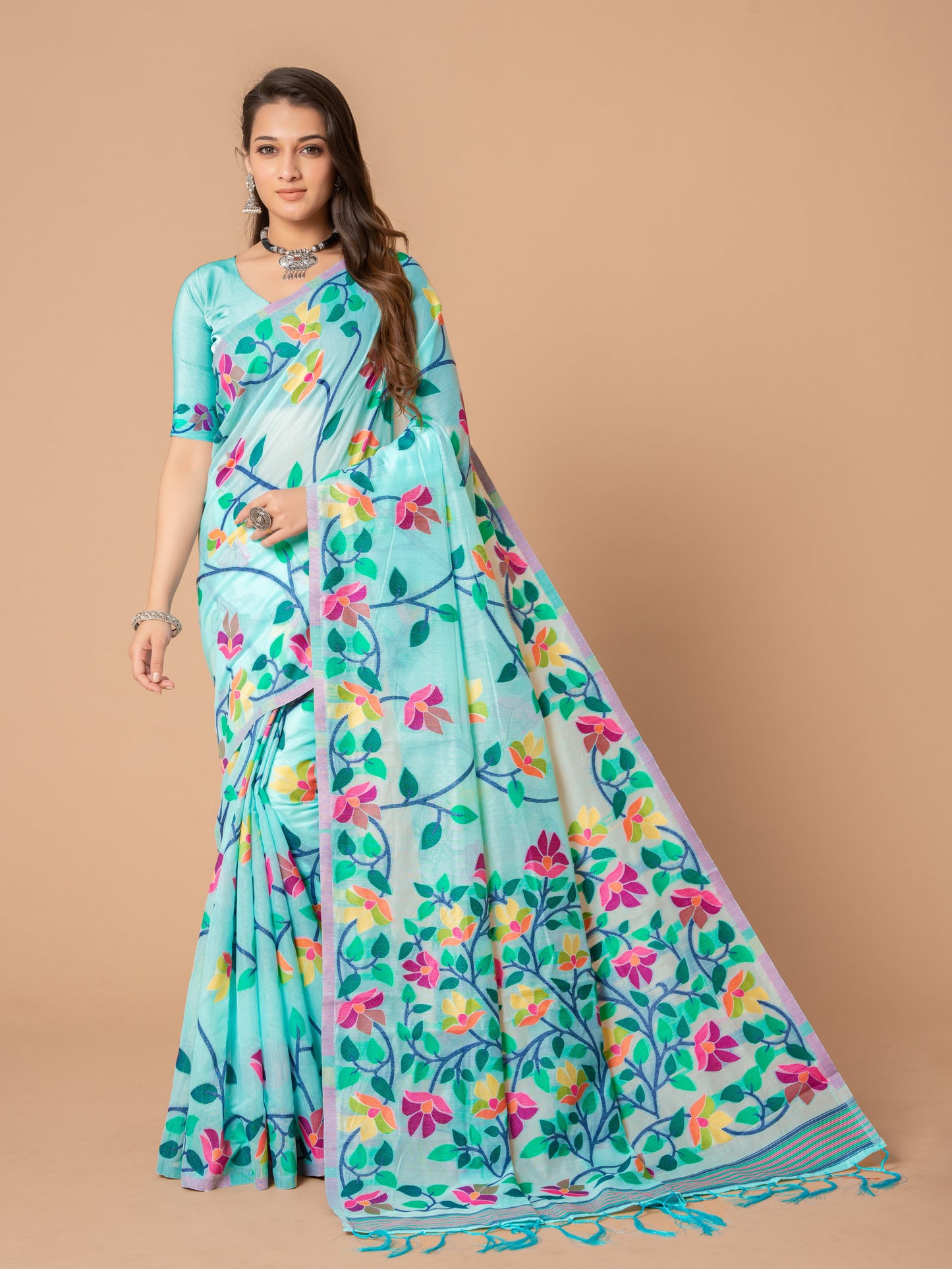 Sky Blue Color Soft Cotton Jamdani Saree